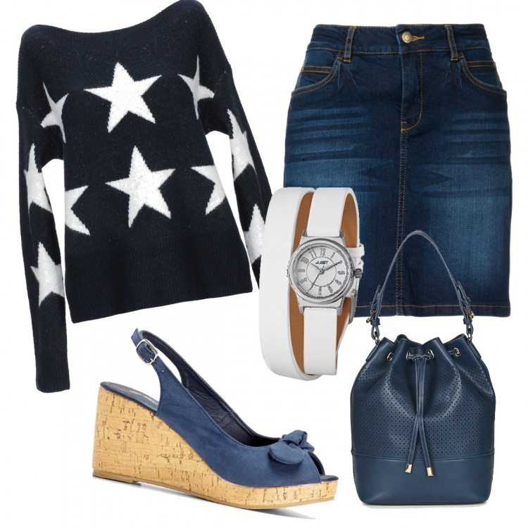 Outfit donna - Stars & blue. Stile Trendy per Tutti i giorni. Abbinamento con gonne, sandali col tacco, pullover, borsa a spalla, orologi.
