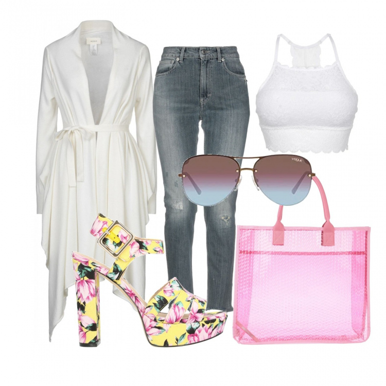 Outfit donna - I sandali floreali. Stile Trendy per Tutti i giorni. Abbinamento con reggiseni, borse a mano, jeans slim fit, cardigan, sandali col tacco, occhiali da sole.