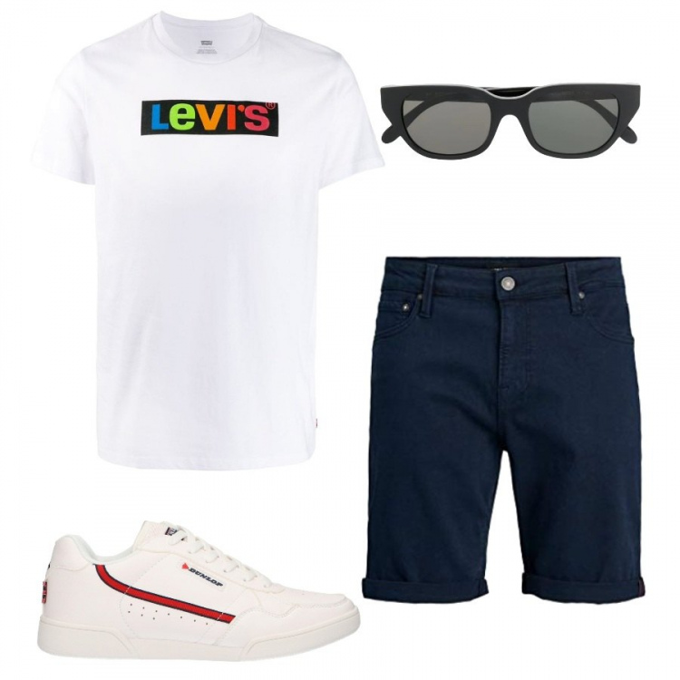 Outfit uomo - Estate a passeggio. Stile Trendy per Tutti i giorni. Abbinamento con t-shirt, occhiali da sole, sneakers, shorts.
