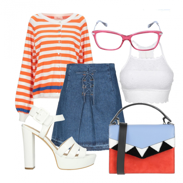 Outfit donna - La gonna jeans con i sandali. Stile Trendy per Tutti i giorni. Abbinamento con reggiseni, gonna, borse a mano, sandali col tacco, cardigans, occhiali da sole.