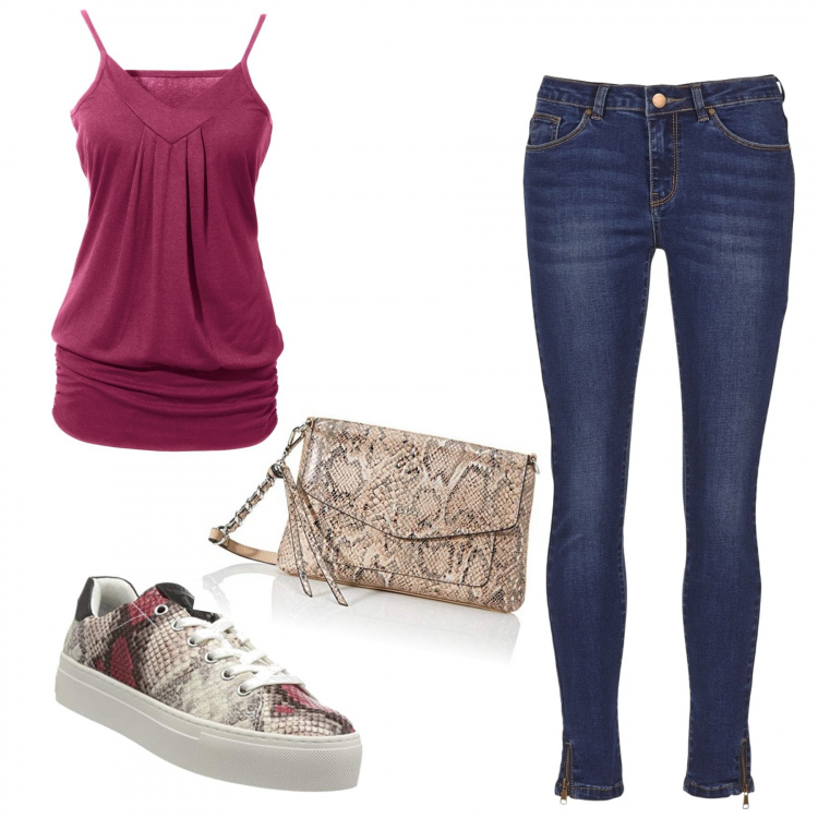 Outfit donna - Trendy con la scarpa da ginnastica. Stile Trendy per Tutti i giorni. Abbinamento con top, jeans, sneakers, pochette.