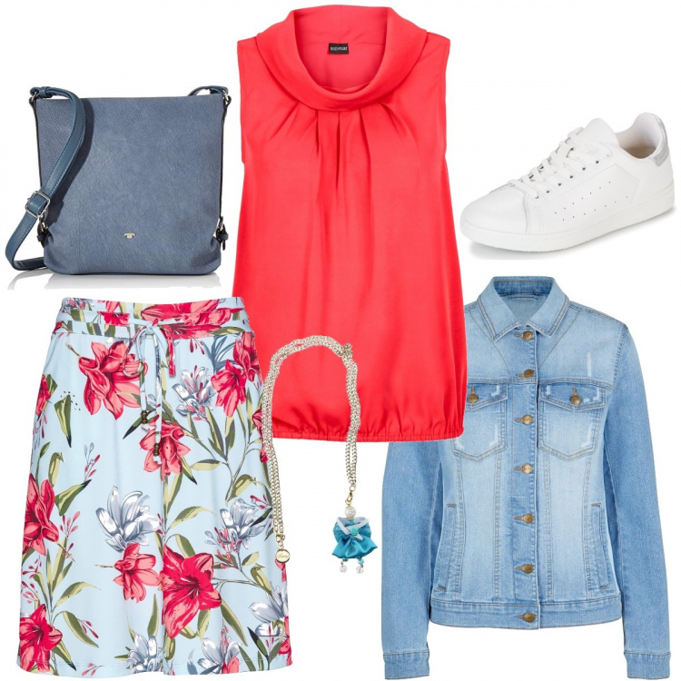 Outfit donna - Basic rosso. Stile Basic per Tutti i giorni. Abbinamento con blazer, gonne, top, sneakers, ciondoli, borse a tracolla.