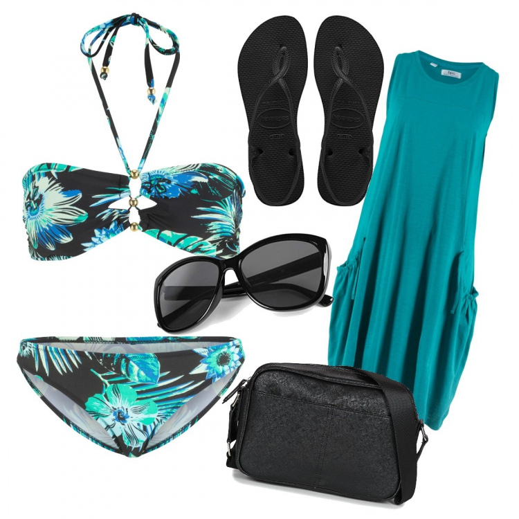 Outfit donna - Costume fantasia verde. Stile Basic per Mare. Abbinamento con vestiti, maglieria, maglieria, borsa, sandali, occhiali da sole.