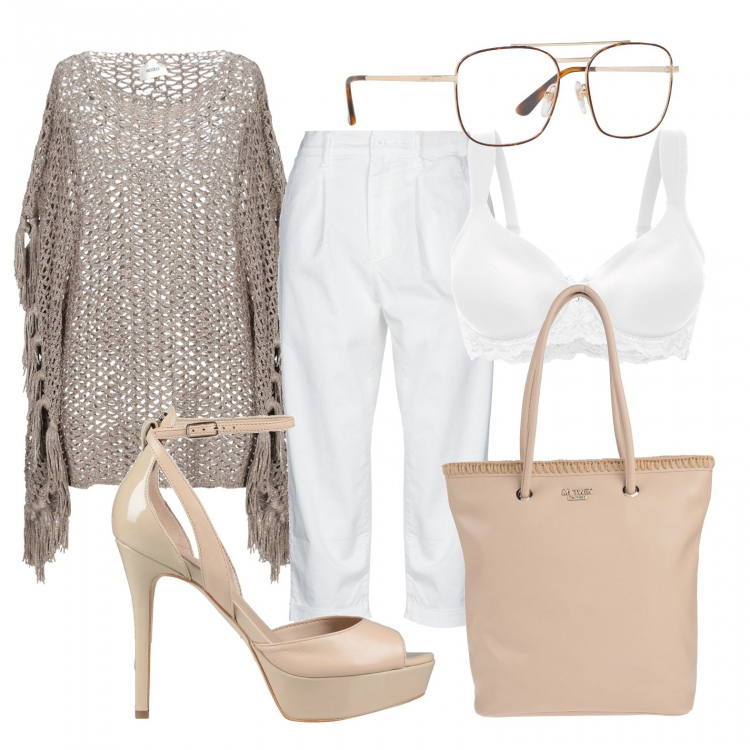 Outfit donna - La maglia traforata. Stile Trendy per Tutti i giorni. Abbinamento con reggiseni, pullover, borse a mano, pantalone capri, sandali, occhiali.