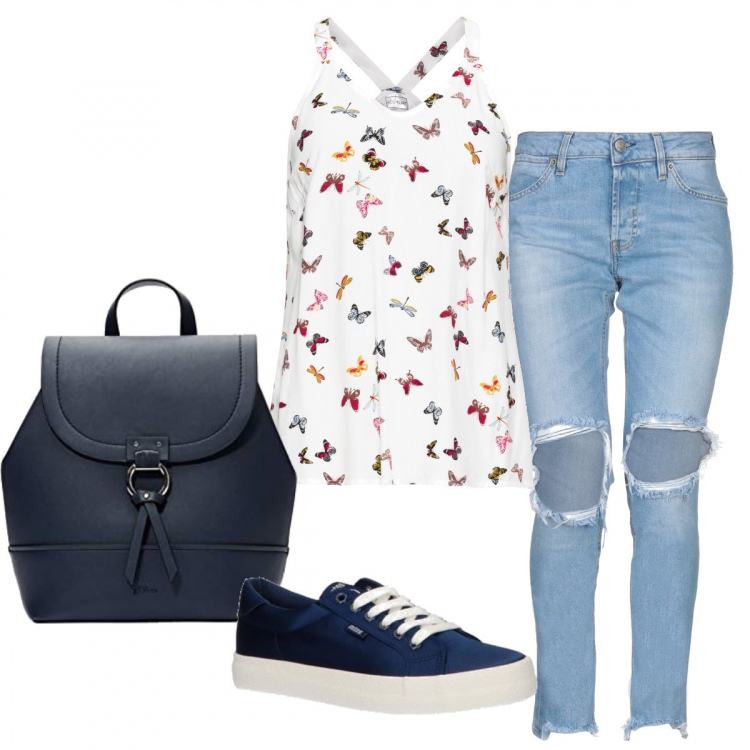 Outfit donna - Basic #22232. Stile Basic per Tutti i giorni. Abbinamento con top, jeans slim fit, sneakers, zaini.