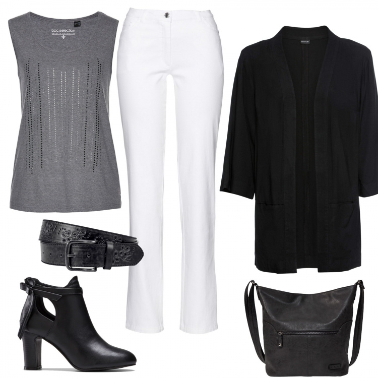 Outfit donna - Pantaloni bianchi e stivaletti. Stile Basic per Tutti i giorni. Abbinamento con borse a tracolla, top, pantaloni, blazer, stivaletti, cinture.