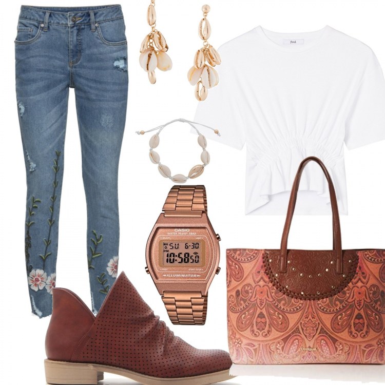 Outfit donna - Basic #22264. Stile Basic per Scuola/Università. Abbinamento con jeans, orecchini, stivaletti, t-shirt, borse a spalla, orologi digitali.