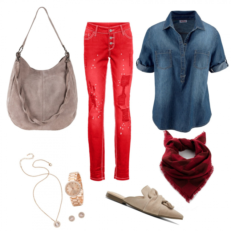 Outfit donna - Un tocco di rosso. Stile Urban Abbinamento con borse a mano, tuniche, pantaloni, foulard, ciabatte, orecchini.