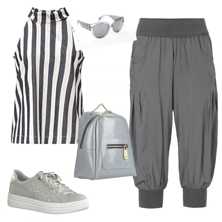 Outfit donna - Passeggiata al lago. Stile Urban per Tutti i giorni. Abbinamento con zaino, pantaloni capri, t-shirt, sneakers, occhiali da sole.