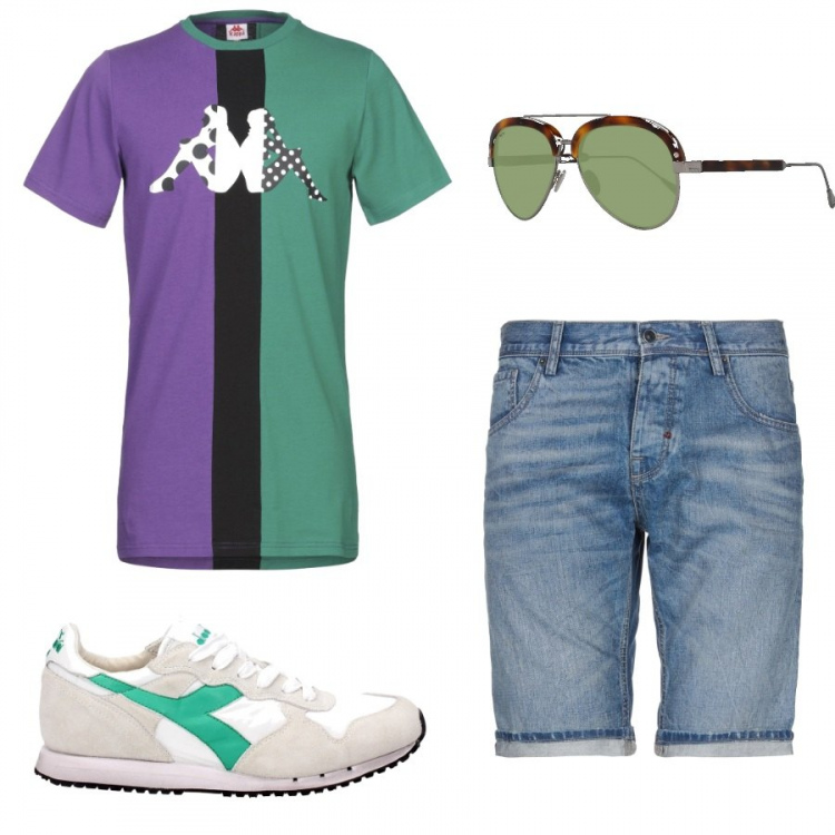Outfit uomo - Verde e viola. Stile Urban per Tutti i giorni. Abbinamento con sneakers, shorts, t-shirt, occhiali da sole.