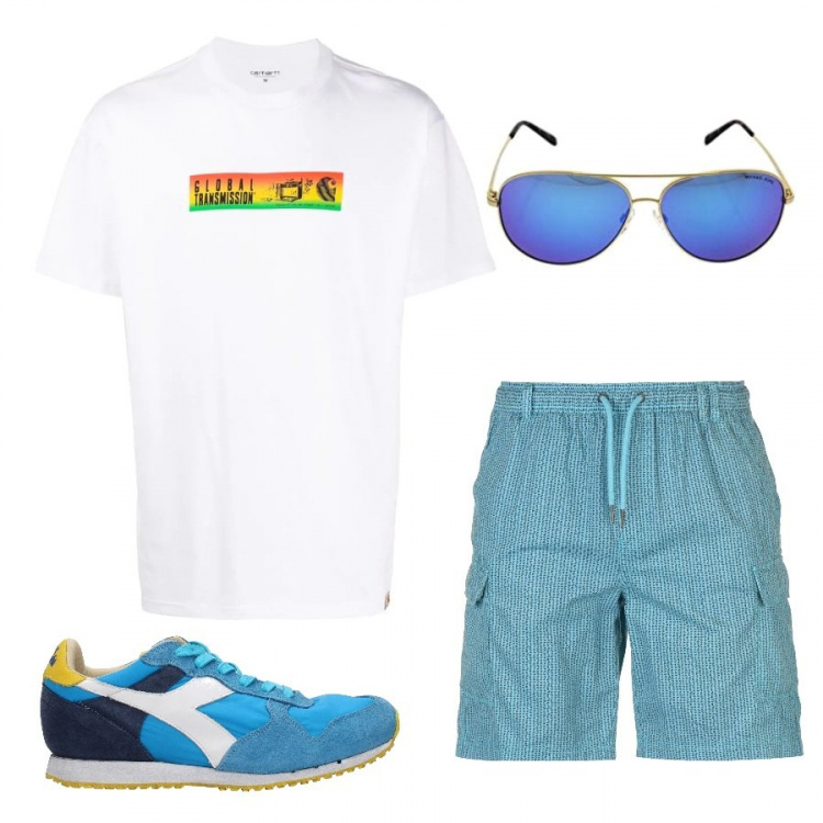 Outfit uomo - Passeggiata sul lungomare. Stile Trendy per Tutti i giorni. Abbinamento con sneakers, t-shirt, pantalone corto, occhiali da sole.