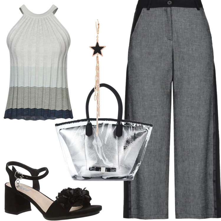 Outfit donna - Trendy #36207. Stile Trendy per Tutti i giorni. Abbinamento con pantalone lungo, top, borse a mano, orecchini, scarpe col tacco.