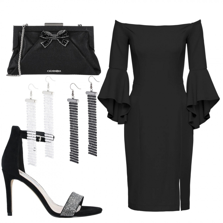 Outfit donna - Chic #19886. Stile Chic per Serata fuori. Abbinamento con vestiti midi/longuette, orecchini, sandali con tacco, borse a mano.