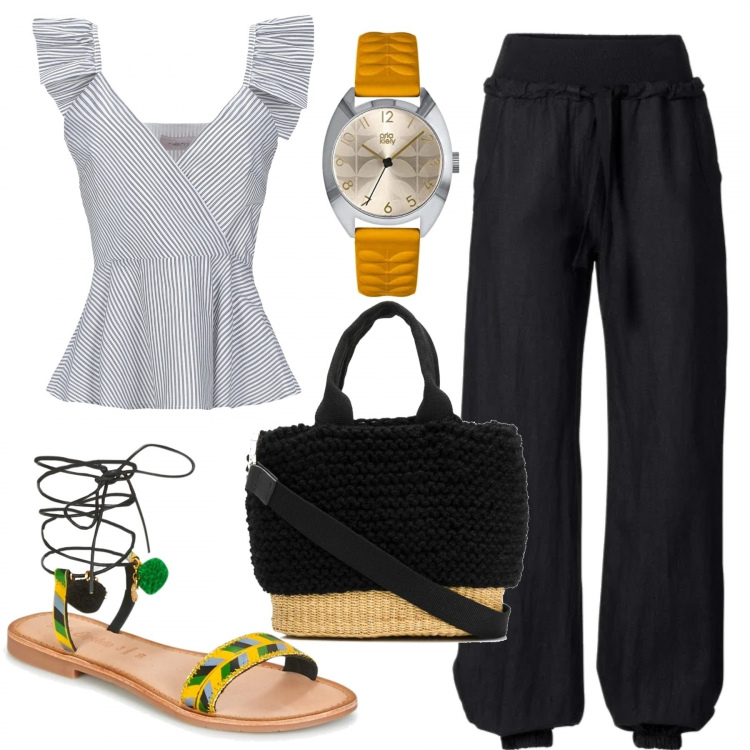 Outfit donna - Trendy #36206. Stile Trendy per Tutti i giorni. Abbinamento con sandali, borse a secchiello, top, pantaloni, orologio analogico.