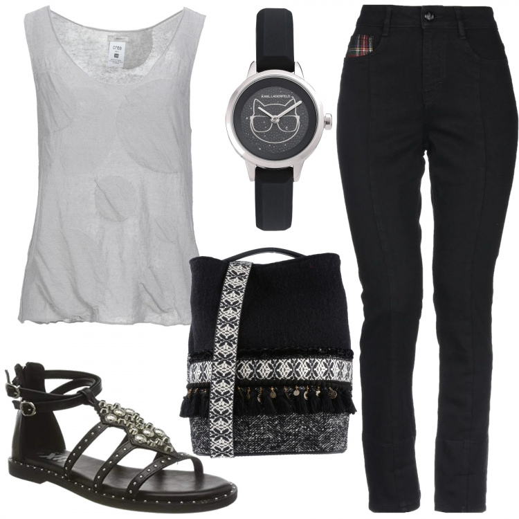 Outfit donna - Trendy #36205. Stile Trendy per Tutti i giorni. Abbinamento con jeans, top, borsa a tracolla, orologio, sandali.