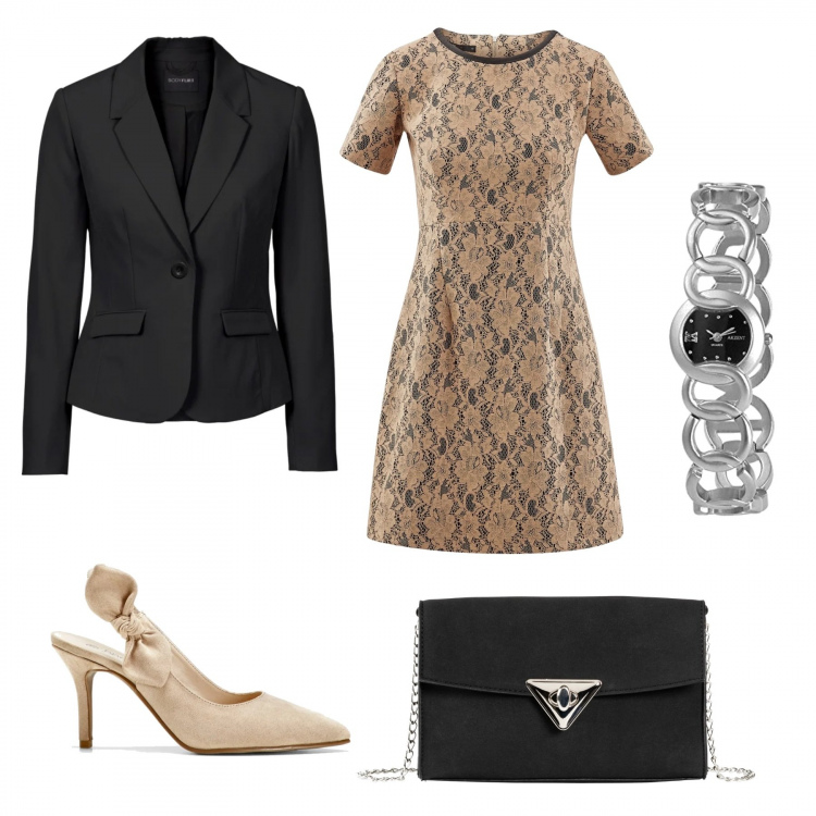 Outfit donna - Chic per tutto il giorno. Stile Chic per Ufficio. Abbinamento con blazer, décolleté, borsa a tracolla, vestito, orologi analogici.