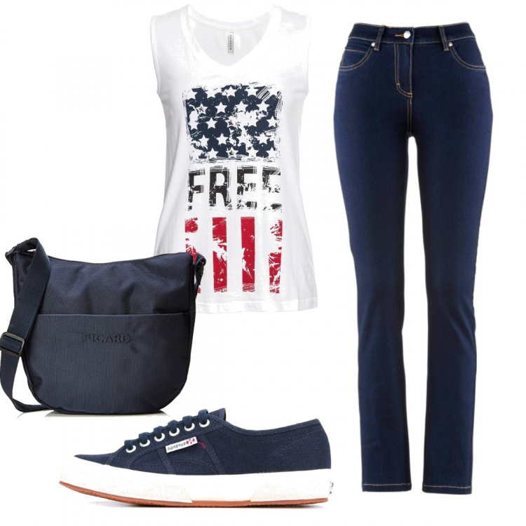 Outfit donna - Free. Stile Basic per Scuola/Università. Abbinamento con jeans dritti, top, sneakers, borsa a tracolla.