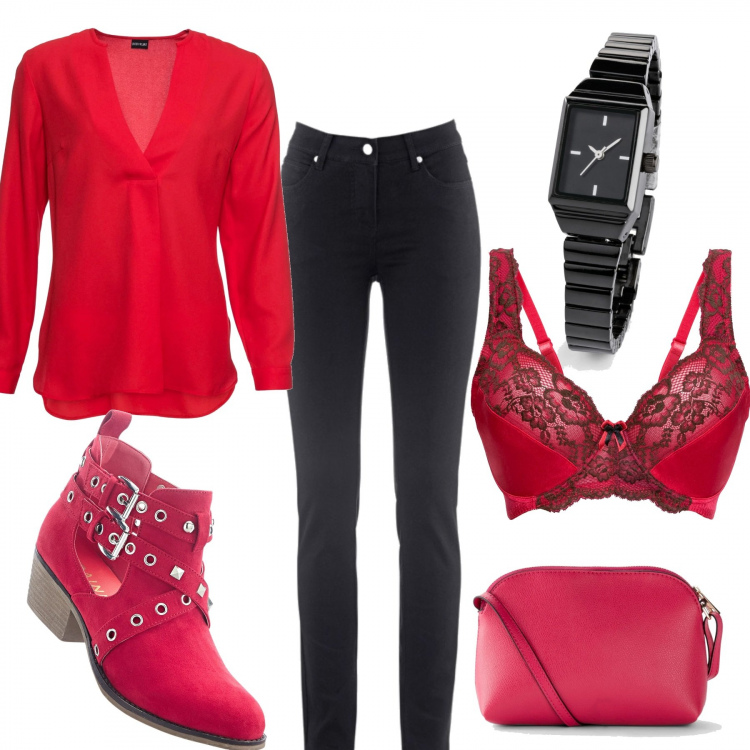 Outfit donna - Rouge sensual. Stile Trendy per Tutti i giorni. Abbinamento con jeans dritti, bluse, reggiseno, stivaletti, leggings, orologi.