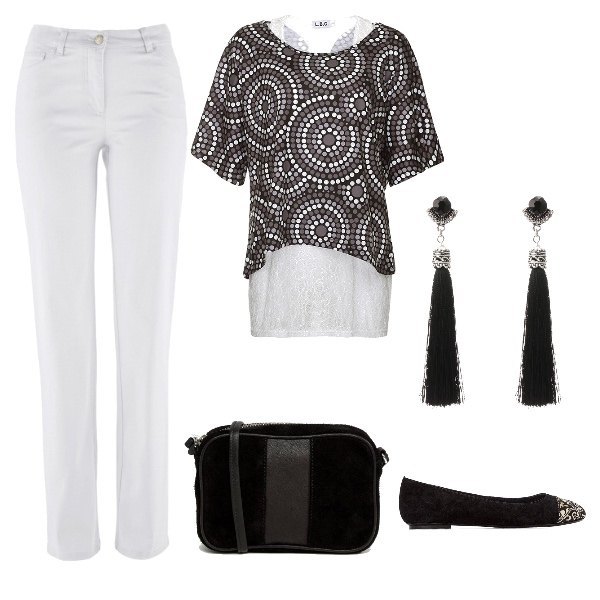 Outfit donna - In Bianco e nero. Stile Urban per Tutti i giorni. Abbinamento con pantaloni, orecchini con pietra nero.