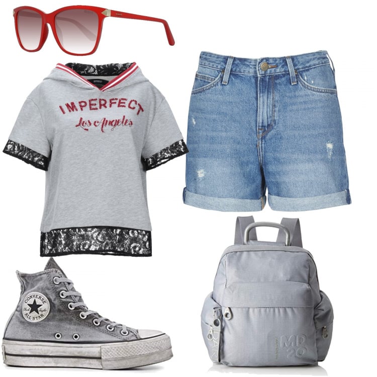 Outfit donna - Estate in città. Stile Urban per Tutti i giorni. Abbinamento con felpa, shorts, occhiali da sole, zaino, sneakers.