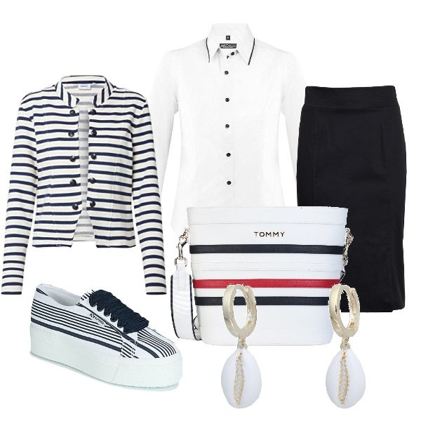 Outfit donna - Bianco, rosso e blu navy. Stile Bon Ton per Tutti i giorni. Abbinamento con borsa a tracolla, orecchini, sneakers, camicie, blazer, gonna longuette.