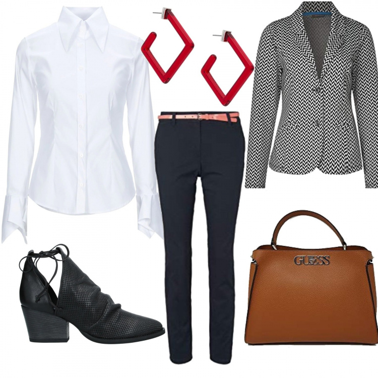 Outfit femme - Comme un mec. Style Bon Ton pour Bureau. Assortir avec veste, sacs en bandoulière, pantalon , chemisiers, boucles d'oreilles.