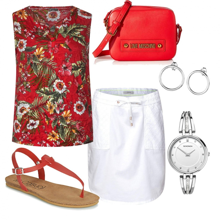 Outfit mujer - Sandalias y top de flores!!. Estilo Urban para Todos los días. Combinación con faldas, camiseta sin mangas, reloj, bandoleras, pendientes, sandalias.