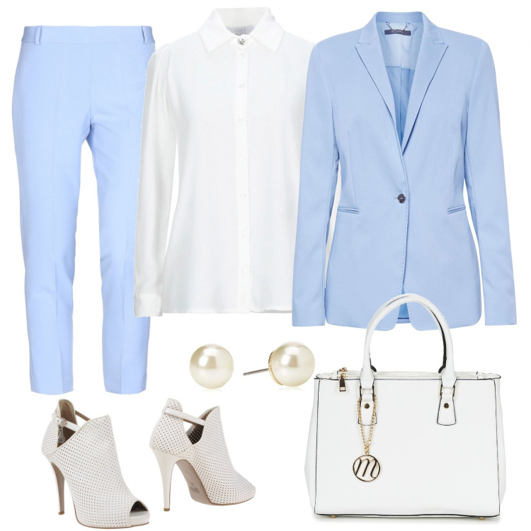 Outfit mujer - Total look!!. Estilo Trendy para Oficina. Combinación con blazer, pendientes, bolsos de mano, botines, pantalones largos, camisas.