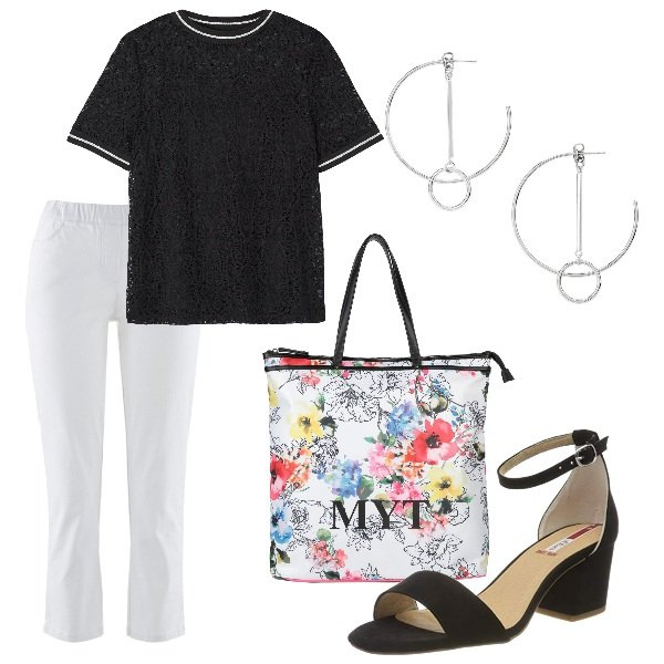 Outfit donna - In ufficio con la borsa a fiori. Stile Basic per Ufficio. Abbinamento con pantaloni, borse a mano, orecchini, maglia, sandali.