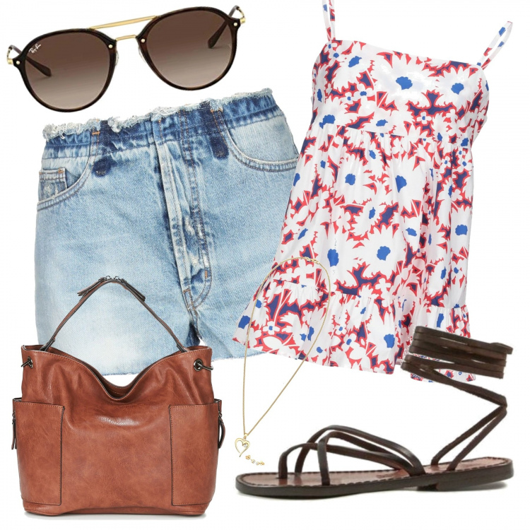 Outfit mujer - Top primaveral. Estilo Trendy para Todos los días. Combinación con gafas de sol, bolsos de hombro, sandalias, top, shorts.