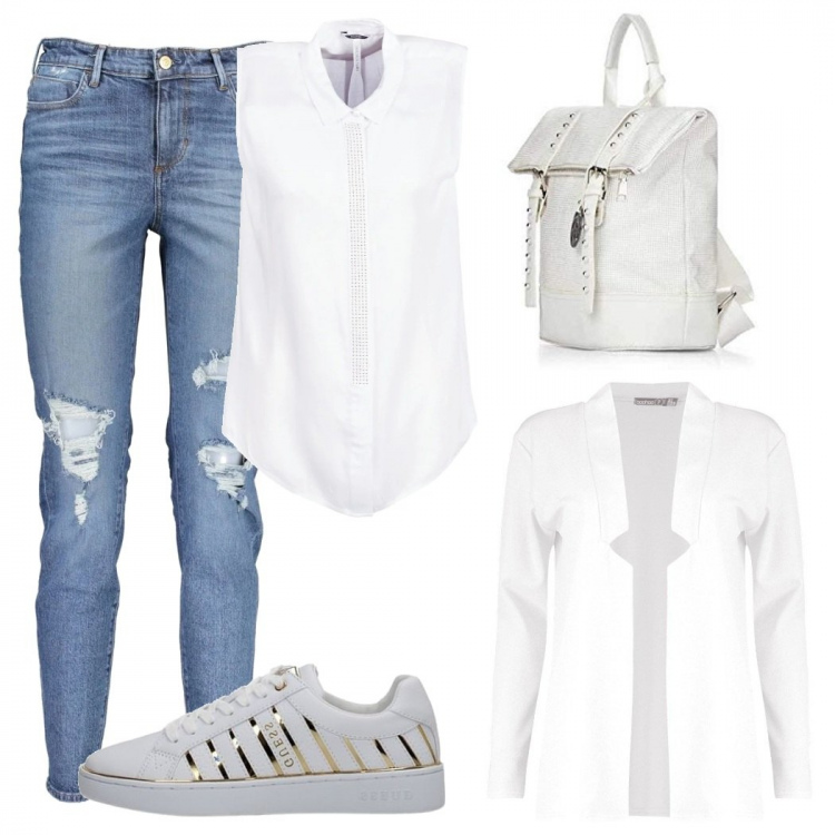 Outfit donna - La camicia bianca. Stile Basic per Tutti i giorni. Abbinamento con blazer, sneakers, camicia, jeans, borse a mano.