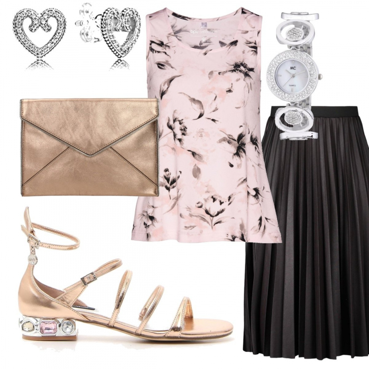 Outfit donna - Sandalo gioiello. Stile Trendy per Ufficio. Abbinamento con top, gonna longuette, pochette, sandali, orologi, orecchini.