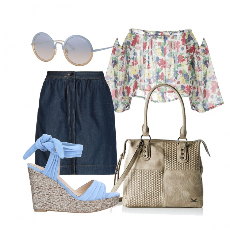 Outfit donna - Top a fiori e sandali. Stile Trendy per Tutti i giorni. Abbinamento con minigonne, camicie, sandali col tacco, occhiali da sole, borse a mano.