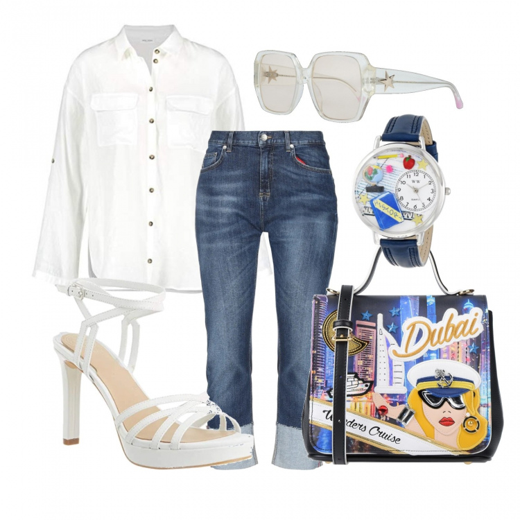 Outfit donna - La camicia maschile. Stile Trendy per Tutti i giorni. Abbinamento con borse a mano, jeans, camicia, orologio, sandali col tacco, occhiali da sole.