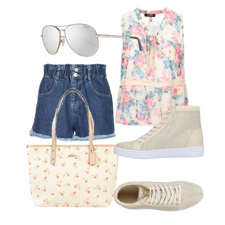 Outfit donna - Shorts e ginniche alte. Stile Trendy per Tutti i giorni. Abbinamento con sneakers alte, top, shorts, borsa a mano, occhiali da sole.