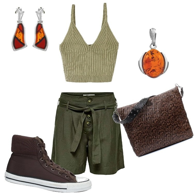Outfit donna - Urban jungle con pietre ambra. Stile Etnico per Tutti i giorni. Abbinamento con sneakers alte, top, borse a spalla, shorts, collana, orecchini.