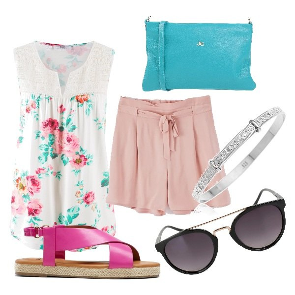 Outfit femme - En fleures. Style Basique pour Tous les jours. Assortir avec hauts, sandales, pantacourt, lunettes de soleil, bracelet, sacs à main.
