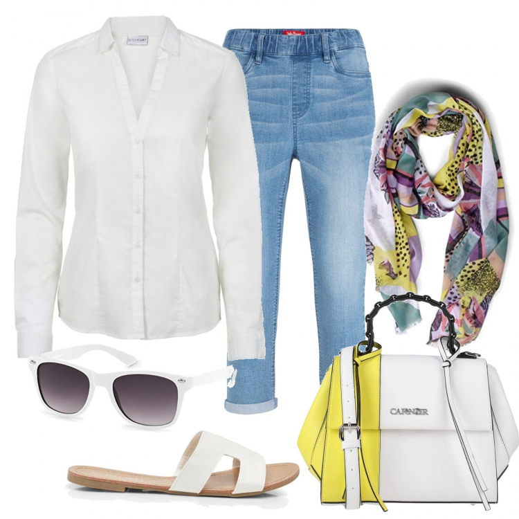 Outfit donna - Camicia bianca. Stile Basic per Tutti i giorni. look ideale per Petite. Abbinamento con camicie, jeans, borse a mano, ciabatte, sciarpe.