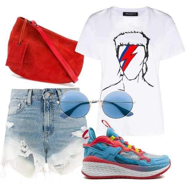 Outfit donna - Marinella5p. Stile Urban per Tutti i giorni. Abbinamento con sneakers, shorts, borse a tracolla, t-shirt, occhiali da sole.