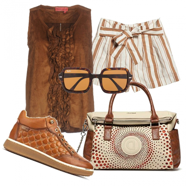 Outfit donna - Pantaloncini e sneackers alte. Stile Trendy per Tutti i giorni. look ideale per Petite. Abbinamento con top, occhiali da sole, borse a mano, shorts, sneakers.