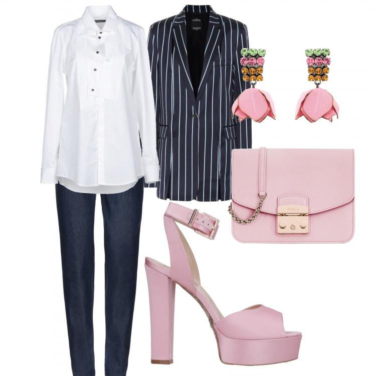 Outfit donna - Donna virile. Stile Sexy per Ufficio. Abbinamento con orecchini, sandali col tacco, camicie, jeans, borse a spalla, giacca.