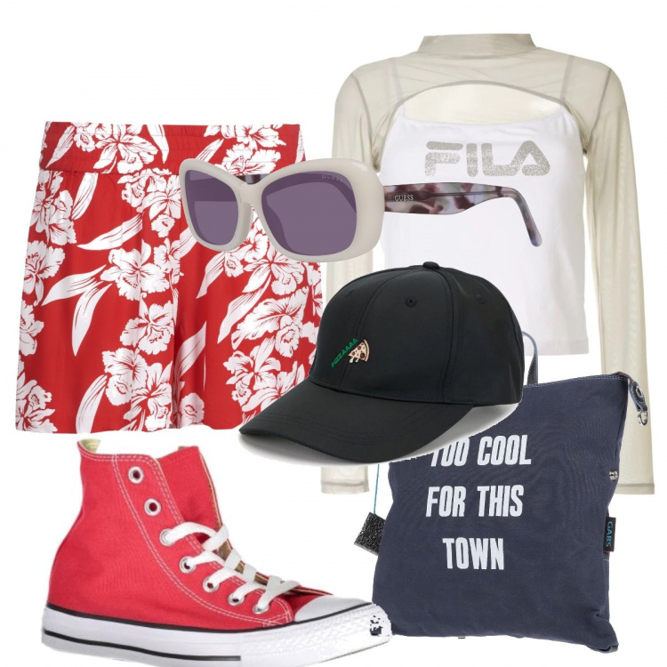 Outfit donna - Le sneakers. per Tutti i giorni. Abbinamento con zaini, shorts, top, cappelli con visiera, sneakers, occhiali da sole.