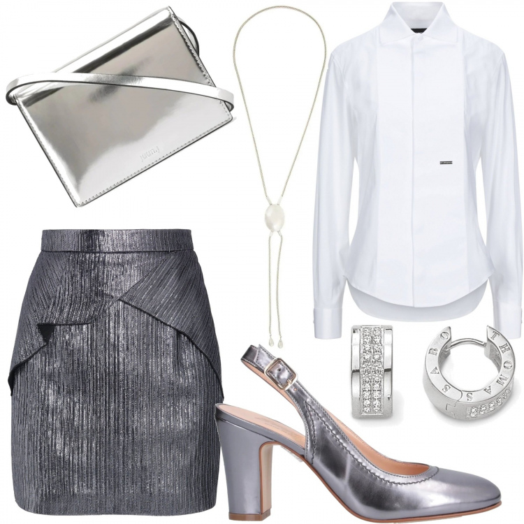 Outfit mujer - Elegancia original. Estilo Trendy para Oficina. Combinación con anillos, salones, minifalda, collar, bolsos de mano, camisas.