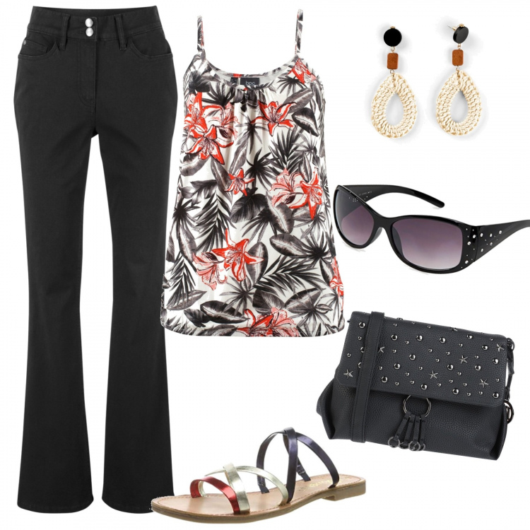 Outfit donna - One two three. Stile Trendy per Tutti i giorni. Abbinamento con top, pantaloni, orecchini, borse a mano, ciabatte, occhiali da sole.