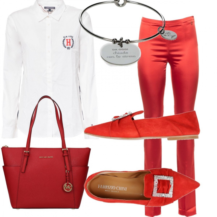 Outfit donna - La camicia bianca. Stile Trendy per Ufficio. Abbinamento con mocassini, borse a spalla, braccialetti, pantaloni, camicia.