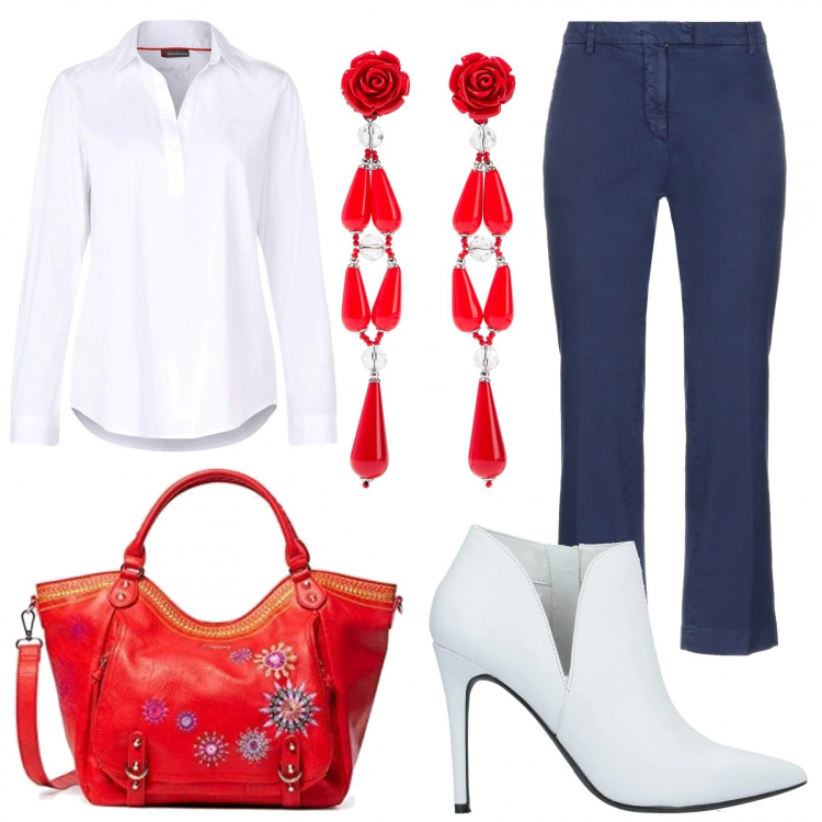 Outfit mujer - Camisa blanca. Estilo Basic para Todos los días. Combinación con blusas, zapato, vaqueros, botines, pendientes.