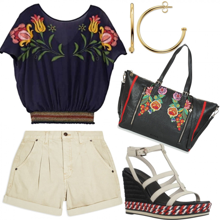 Outfit mujer - Estilosa cada día. Estilo Étnico para Todos los días. Combinación con camiseta, pendientes, sandalias, bandolera, shorts.