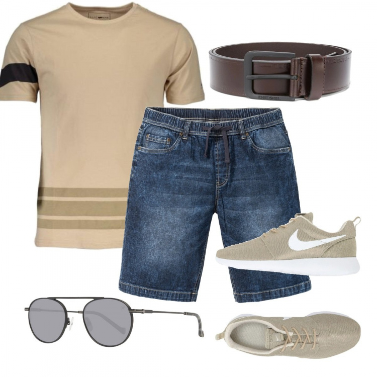Outfit uomo - Maglietta Gas scontata. Stile Casual per Tutti i giorni. Abbinamento con bermuda, sneakers, cinture, t-shirt, occhiali da sole.
