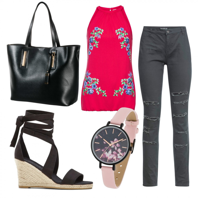 Outfit donna - 4 chiacchiere e 1 caffè. Stile Urban per Tutti i giorni. Abbinamento con top, pantaloni skinny, sandali, shopping bag, orologio.