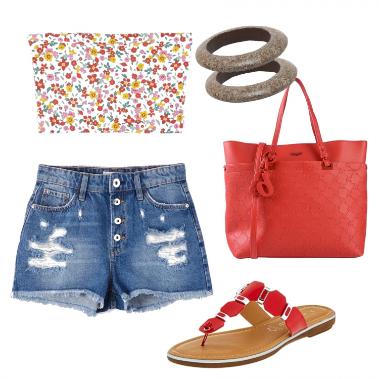 Outfit mujer - Basic #22574. Estilo Basic para Todos los días. Combinación con zuecos, shorts, bolso de mano, pulseras.